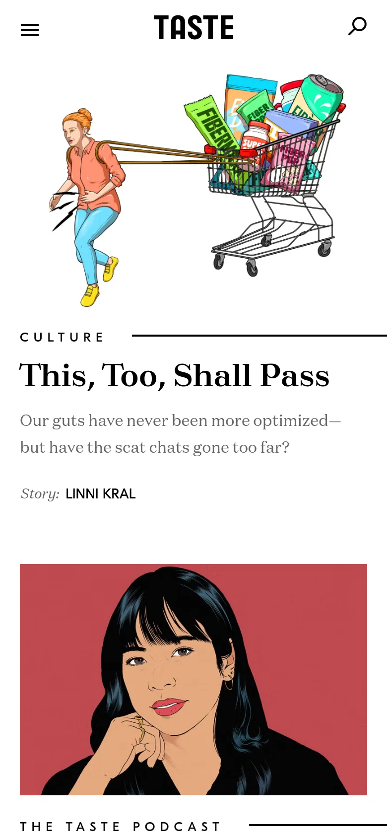 The mobile version presents a single-column layout with a condensed header containing a hamburger menu, the TASTE logo, and a search icon. The central illustration of the woman and the shopping cart is scaled down to fit the narrow screen, followed by the headline 'This, Too, Shall Pass' and the story text stacked vertically.