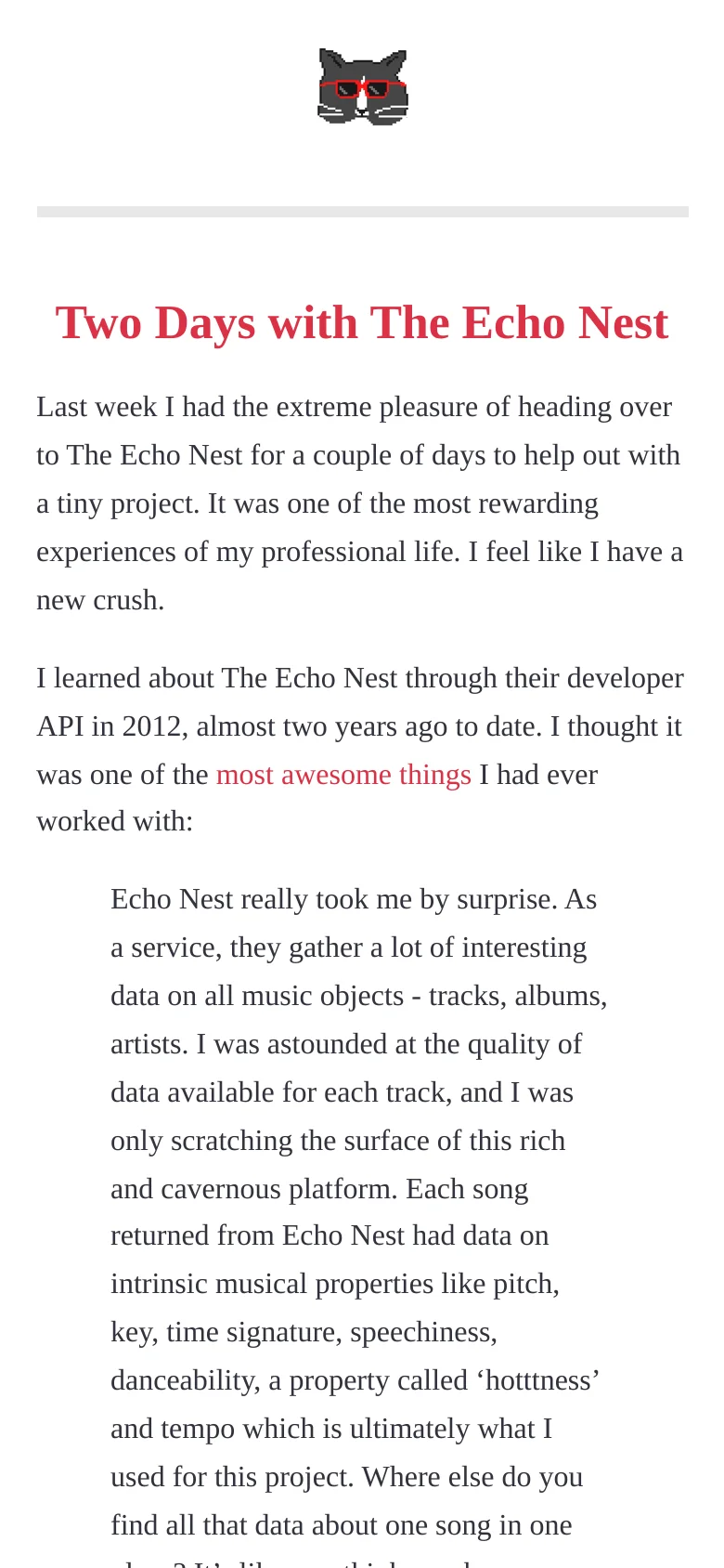 The mobile version maintains the same minimalist layout and red serif text as the desktop. The cat icon with red sunglasses is centered at the top, followed by the main headline and body text, which reflows to fit the narrower screen width.