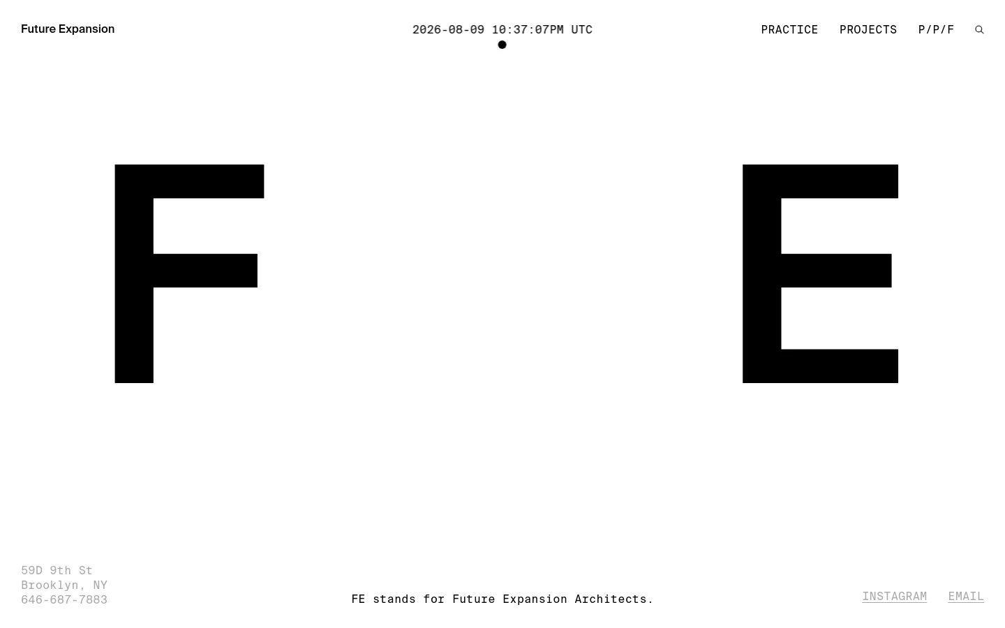 The desktop homepage for Future Expansion Architects features a minimalist white background with large black 'FE' typography. A navigation bar at the top includes links for Practice, Projects, and P/F, while the footer contains contact information and social links. The layout uses a spacious, grid-like arrangement for project images and text blocks.