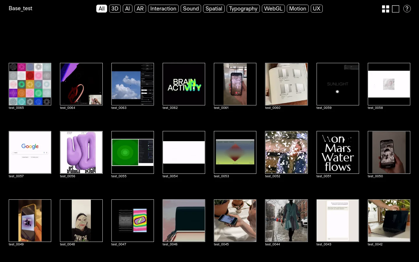 A dark-themed portfolio grid displaying various experimental design projects as large rectangular tiles. Each tile features a unique GIF or image with a corresponding label like 'test_0065' underneath, arranged in a clean multi-column layout. A navigation bar at the top provides filter options such as '3D', 'AI', and 'Motion' against a black background.