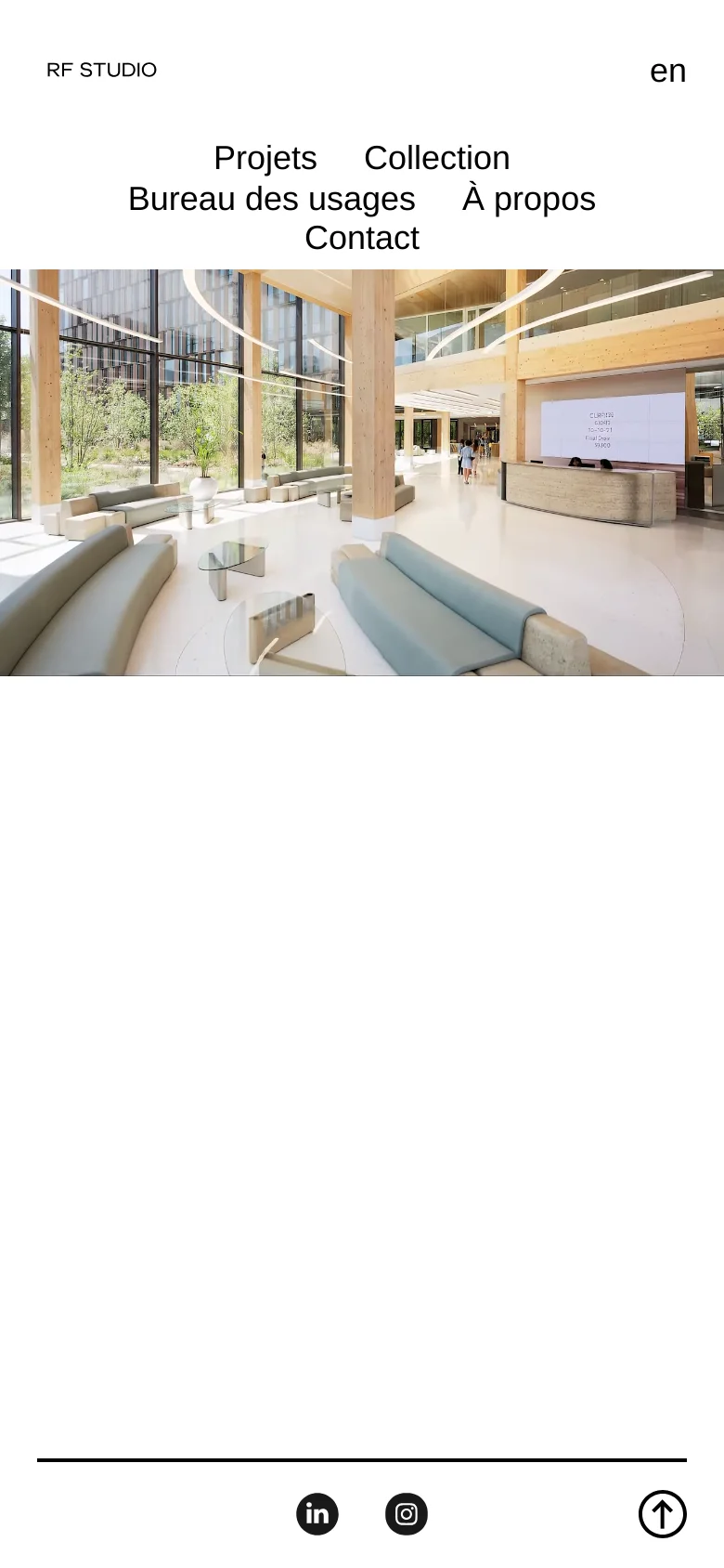 The mobile version simplifies the layout, displaying the RF Studio logo and language selector at the top, followed by a large, centered vertical navigation menu. Below the menu, a single large hero image of a bright, modern architectural interior dominates the screen, with social media icons and a scroll-to-top button located at the bottom.