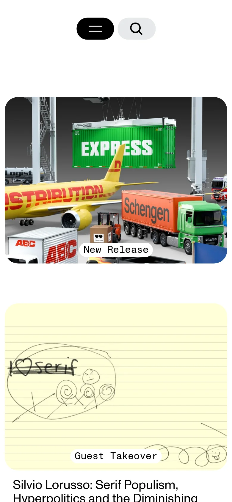 Dinamo Typefaces blog page in a mobile view with a stacked vertical layout. The hero 3D transport imagery and subsequent hand-drawn guest takeover illustration are reflowed into single-column sections for easy scrolling on smaller screens.