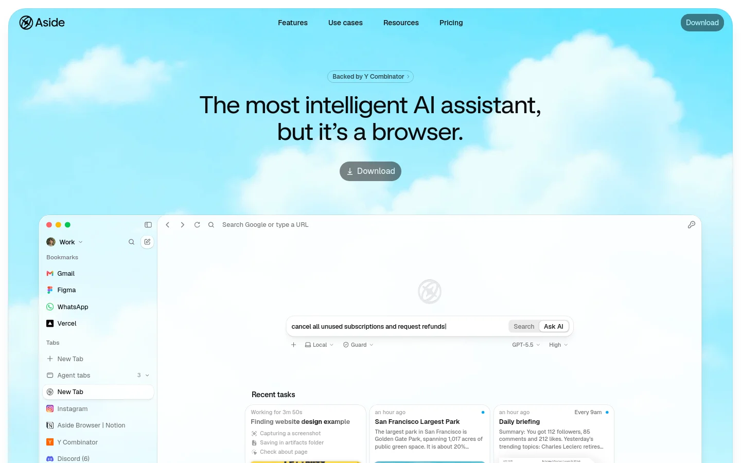 The desktop homepage features a bright blue sky and cloud background with a central headline reading 'The most intelligent AI assistant, but it’s a browser.' A primary 'Download' button sits below the headline, and a large, detailed screenshot of the browser interface is displayed, showing a sidebar with bookmarks and a main window with an AI search bar and recent task cards. The navigation menu is at the top with links for Features, Use cases, Resources, and Pricing.
