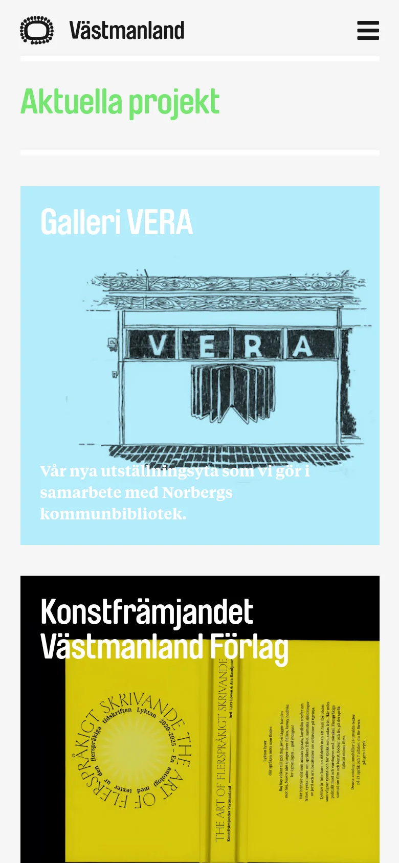 The mobile version presents the same content in a single-column vertical layout, stacking the project cards one after another. The header is simplified with a hamburger menu icon on the right and the 'Västmanland' logo on the left. The light green 'Aktuella projekt' headline remains prominent at the top of the scrollable content.