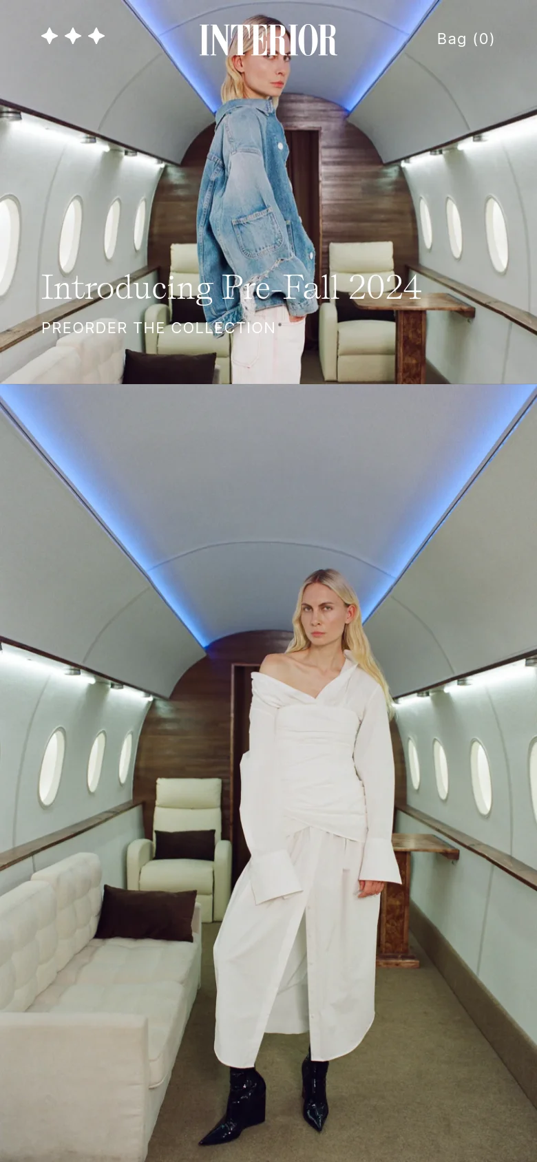 The mobile version presents a vertically stacked layout, starting with the hero image of the woman in the jet cabin with the headline and preorder link centered. Below the hero section, a second large image shows the same woman in a white dress within the aircraft cabin, filling the full width of the screen.