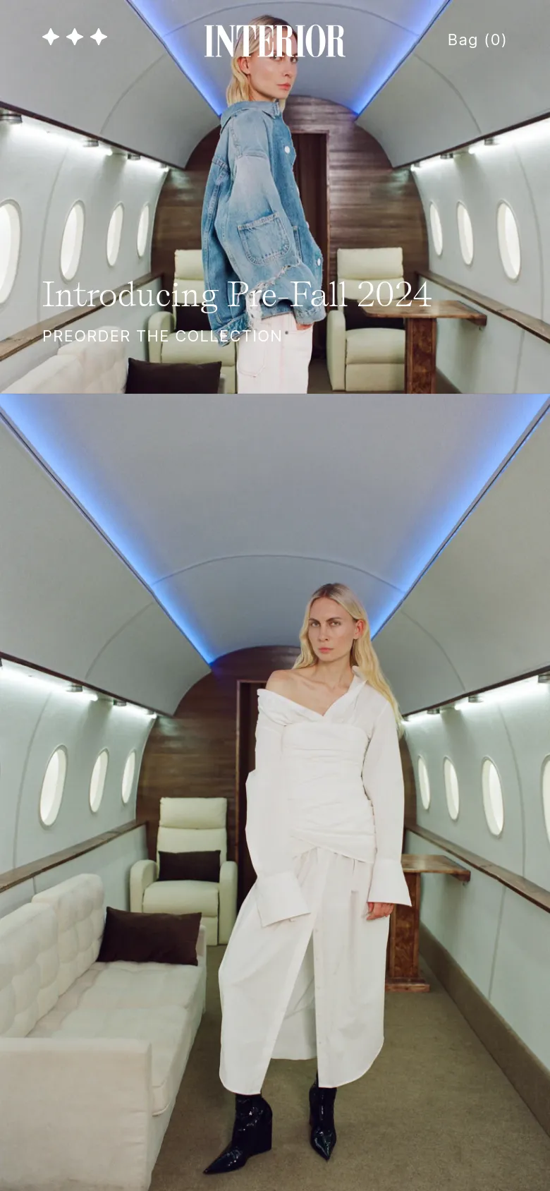 The mobile version presents a vertically stacked layout, starting with the hero image of the woman in the jet cabin with the headline and preorder link centered. Below the hero section, a second large image shows the same woman in a white dress within the aircraft cabin, filling the full width of the screen.
