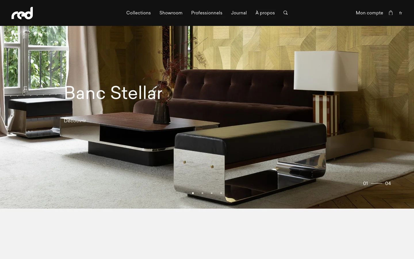 The desktop homepage features a large hero image of the Stellar bench in a modern interior, overlaid with the title 'Banc Stellar' and a 'Découvrir' call to action. Below, the layout transitions into a grid of featured furniture pieces and two large side-by-side image blocks for 'Professionnels' and 'Showroom'. The design uses a sophisticated palette of deep browns, gold, and neutral tones with clean white typography.