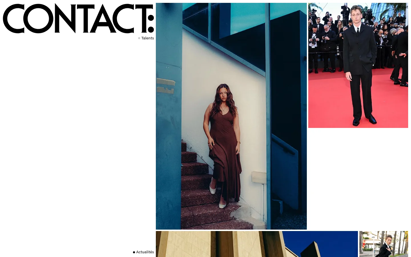 The 'Actualités' page features a minimalist white layout with a large black 'CONTACT: Talents' logo on the left. To the right, a grid of large, high-quality vertical portrait photographs of various talents is displayed, including Anja Verderosa and Victor Bonnel. The navigation menu is visible at the top, listing categories like Acting, Writing, and Music.