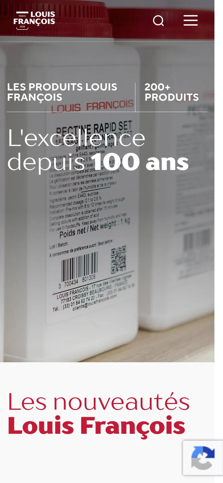 Mobile version of the products page showing a vertically stacked layout. The hero image and headline occupy the top of the screen, followed by the 'Les nouveautés Louis François' heading. The product grid transitions to a single-column view for easier scrolling on smaller screens, and the navigation is condensed into a hamburger menu and search icon.