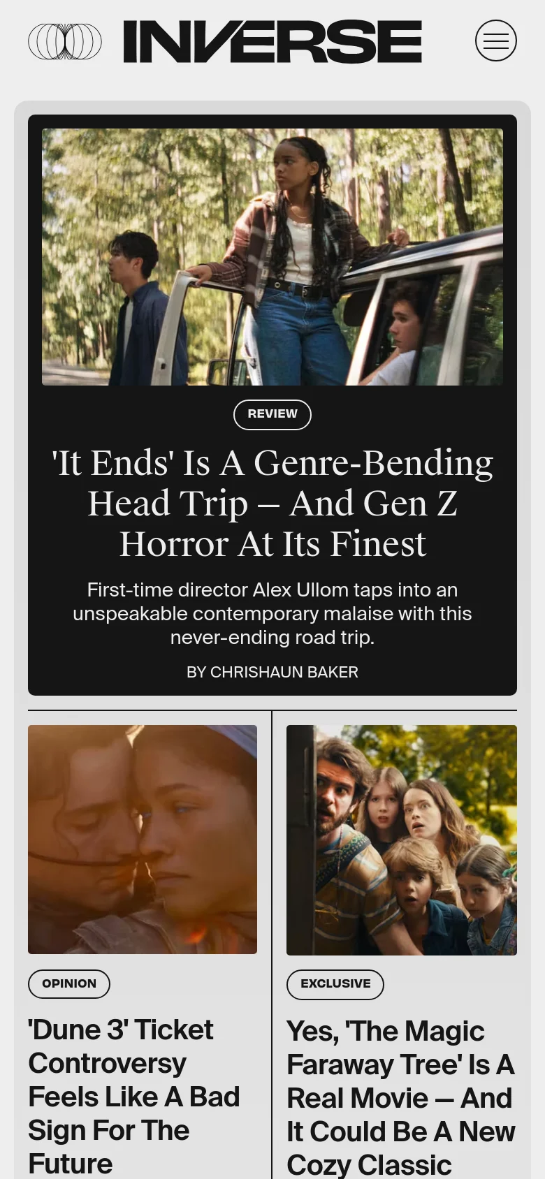 The mobile version displays a single-column vertical layout. The hero article about 'It Ends' dominates the top of the screen with a large image and headline, followed by smaller article cards for 'Dune 3' and 'The Magic Faraway Tree' stacked vertically. The navigation is condensed into a hamburger menu icon in the top right.