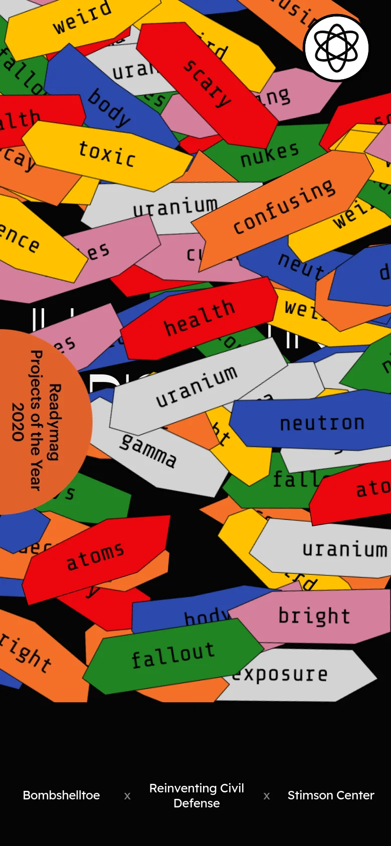 The mobile version shows a zoomed-in view of the colorful word tags, such as 'scary', 'toxic', and 'uranium', layered over a black background. The layout is more vertically oriented, focusing on the dense cluster of text-filled shapes, with partner logos appearing at the very bottom of the screen.