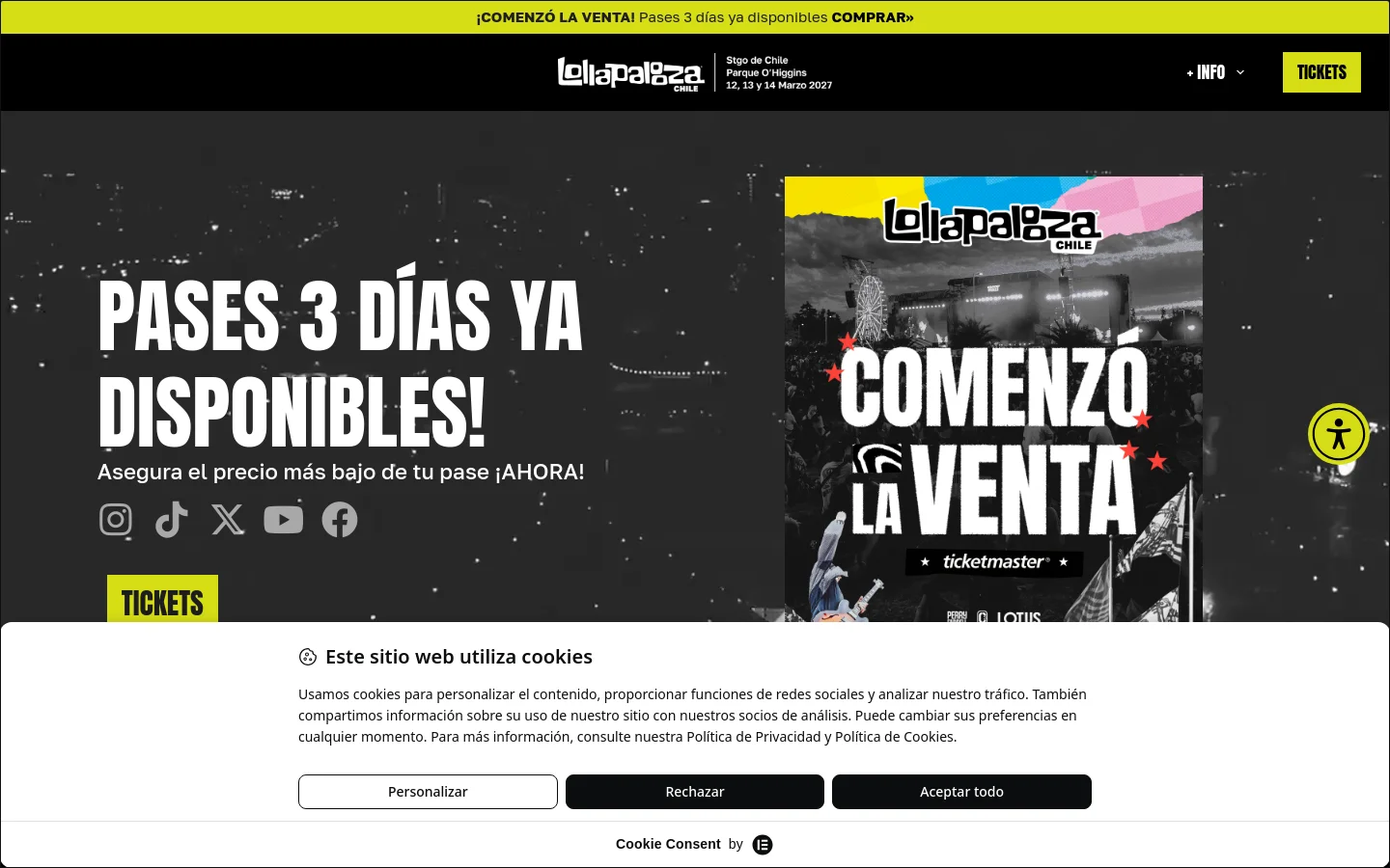 The Lollapalooza Chile homepage features a dark, high-contrast theme with a large hero section announcing that 3-day passes are available. A prominent yellow 'TICKETS' button and social media icons are displayed alongside a graphic of a concert crowd. The layout includes sections for merchandise, ticket types, support, and sponsor logos at the bottom.