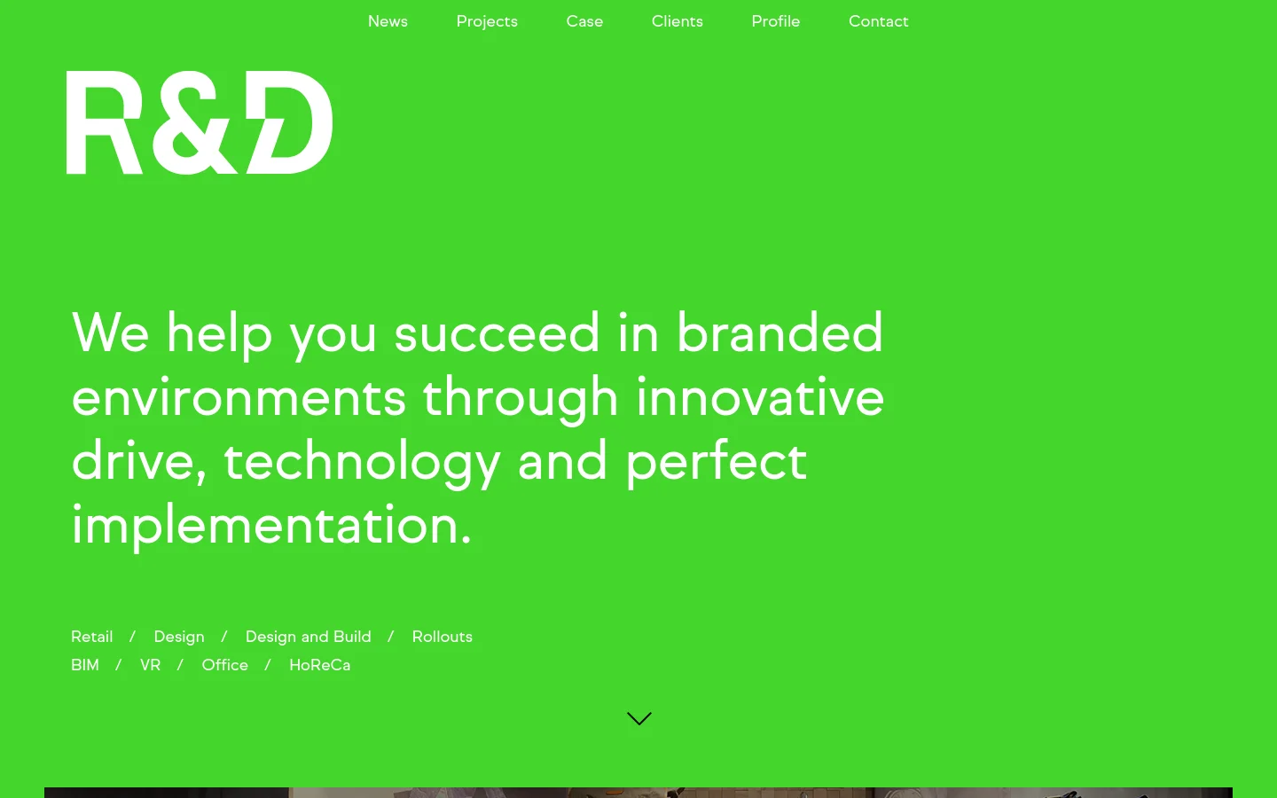 The desktop homepage features a vibrant green hero section with a large white 'R&D' logo and a bold headline about branded environments. Below the headline, a horizontal list of service categories like Retail, Design, and BIM is displayed, followed by a grid of large project images with text overlays and 'View case study' links.