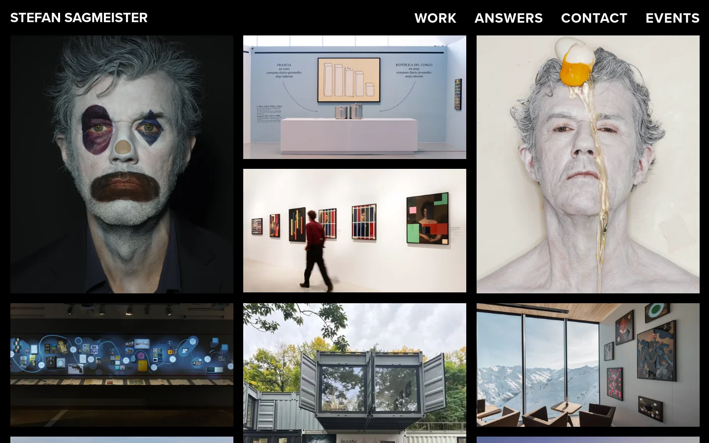 A portfolio website for Stefan Sagmeister featuring a grid of large, high-contrast photographic project thumbnails. The layout includes a black header with the name 'STEFAN SAGMEISTER' and navigation links for Work, Answers, Contact, and Events. The imagery is artistic and diverse, ranging from stylized portraits to gallery installations and landscapes.