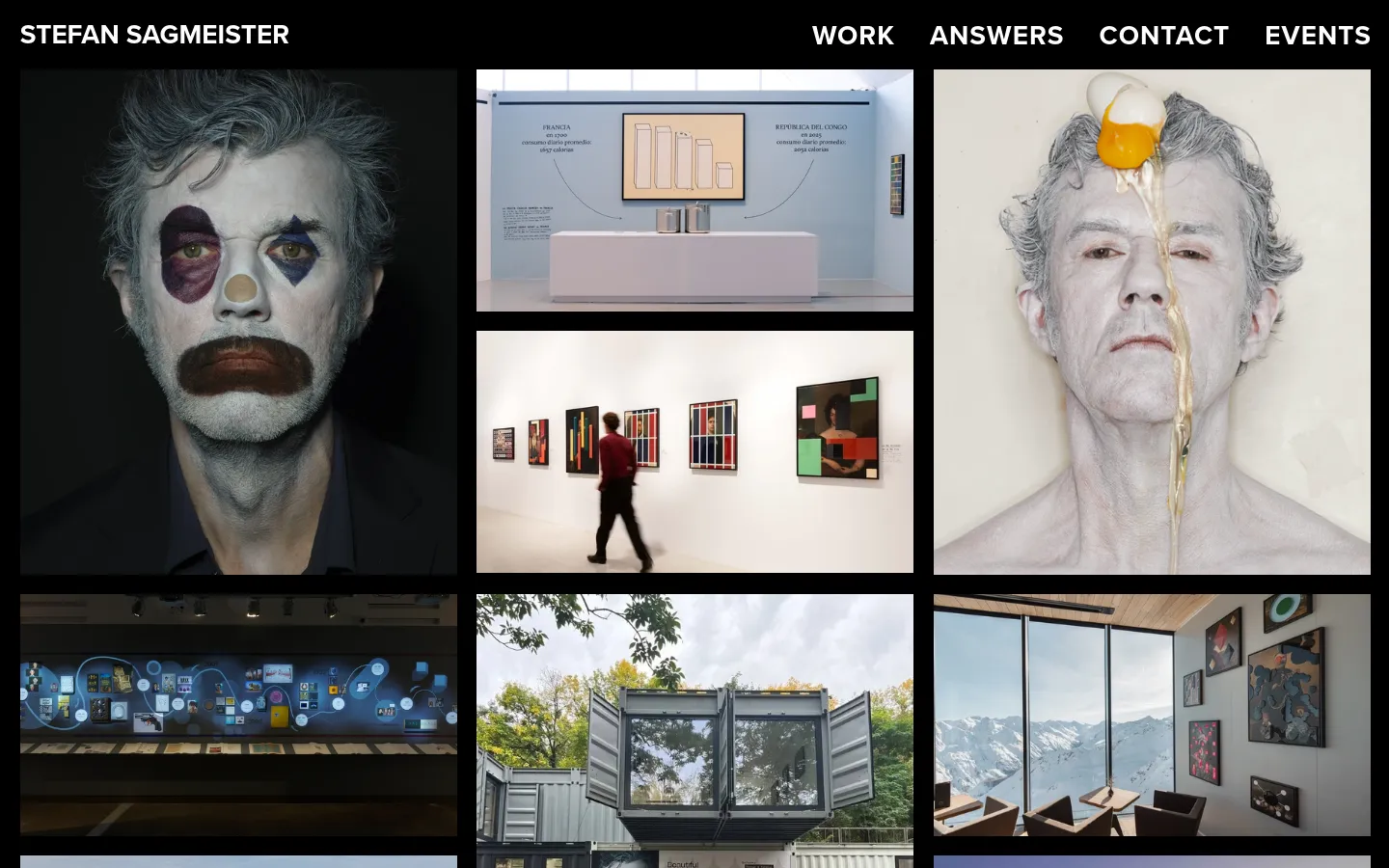 A portfolio website for Stefan Sagmeister featuring a grid of large, high-contrast photographic project thumbnails. The layout includes a black header with the name 'STEFAN SAGMEISTER' and navigation links for Work, Answers, Contact, and Events. The imagery is artistic and diverse, ranging from stylized portraits to gallery installations and landscapes.