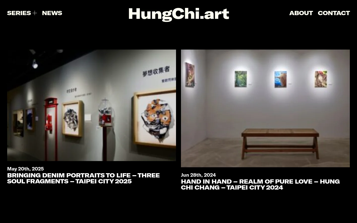 The News page features a dark background with a minimalist white header containing the logo 'HungChi.art' and navigation links. A vertical feed displays news articles, each consisting of a large rectangular photograph of art gallery installations followed by a date and a bold white headline. The layout is spacious, focusing on visual imagery and typography.