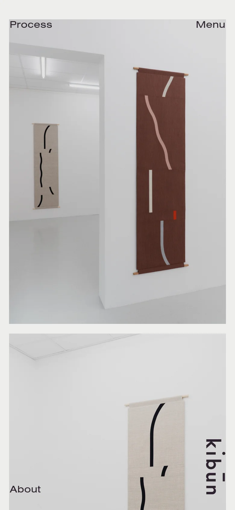 The mobile version presents a vertically stacked layout optimized for smaller screens. The large textile artwork images are scaled to fit the width of the device, and the navigation links like Process, Menu, and About are repositioned to ensure easy access while scrolling.