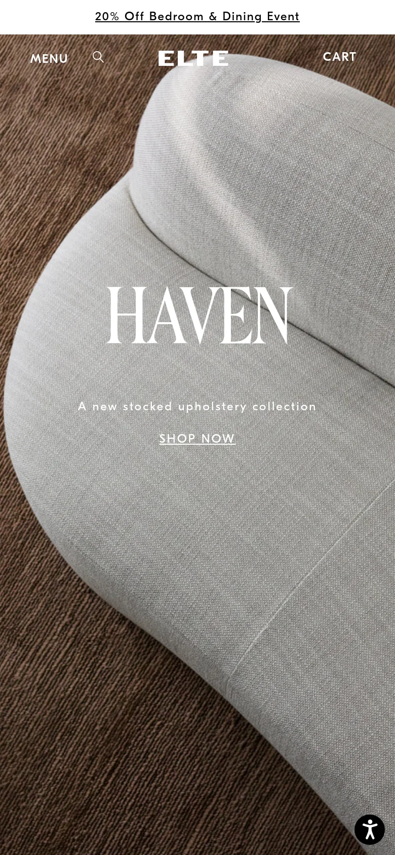 The mobile version presents a vertically oriented hero section with the same 'HAVEN' branding and 'SHOP NOW' link. The layout is simplified with a centered 'MENU' link, search icon, Elte logo, and 'CART' link at the top, while the background image is tightly cropped to focus on the fabric texture.
