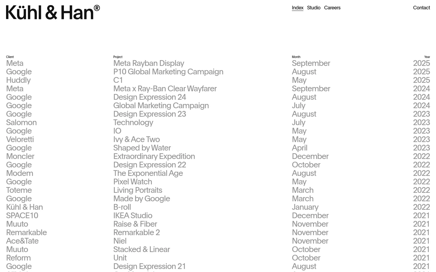 The desktop homepage for Kühl & Han features a minimalist white background with black text. A large brand logo sits at the top left, with navigation links like Index, Studio, and Careers on the right. Below, a multi-column grid lists client names, project titles, months, and years in a clean, structured layout.