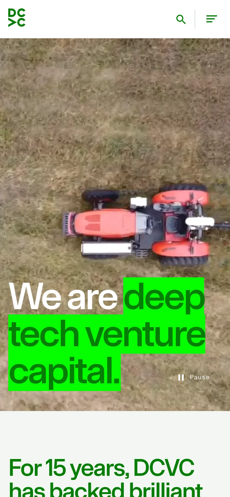 The mobile version displays a vertical hero image of a tractor in a field, with the same large 'We are deep tech venture capital' text overlay in white and green. The navigation is condensed into a hamburger menu icon next to a search icon, and the top green announcement banner is removed from the immediate view.