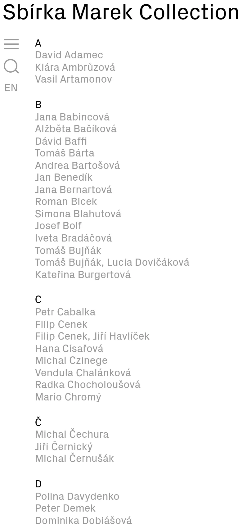 The mobile version maintains the minimalist white and black aesthetic but uses a vertical single-column layout. The top navigation is condensed into a hamburger menu icon next to a search icon, and the alphabetical list of artists flows in a continuous vertical scroll rather than multiple columns.