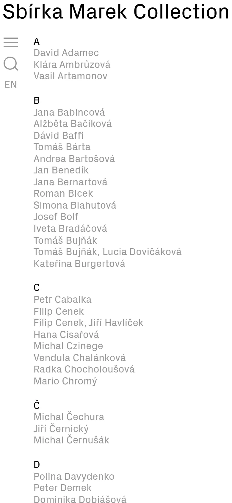 The mobile version maintains the minimalist white and black aesthetic but uses a vertical single-column layout. The top navigation is condensed into a hamburger menu icon next to a search icon, and the alphabetical list of artists flows in a continuous vertical scroll rather than multiple columns.