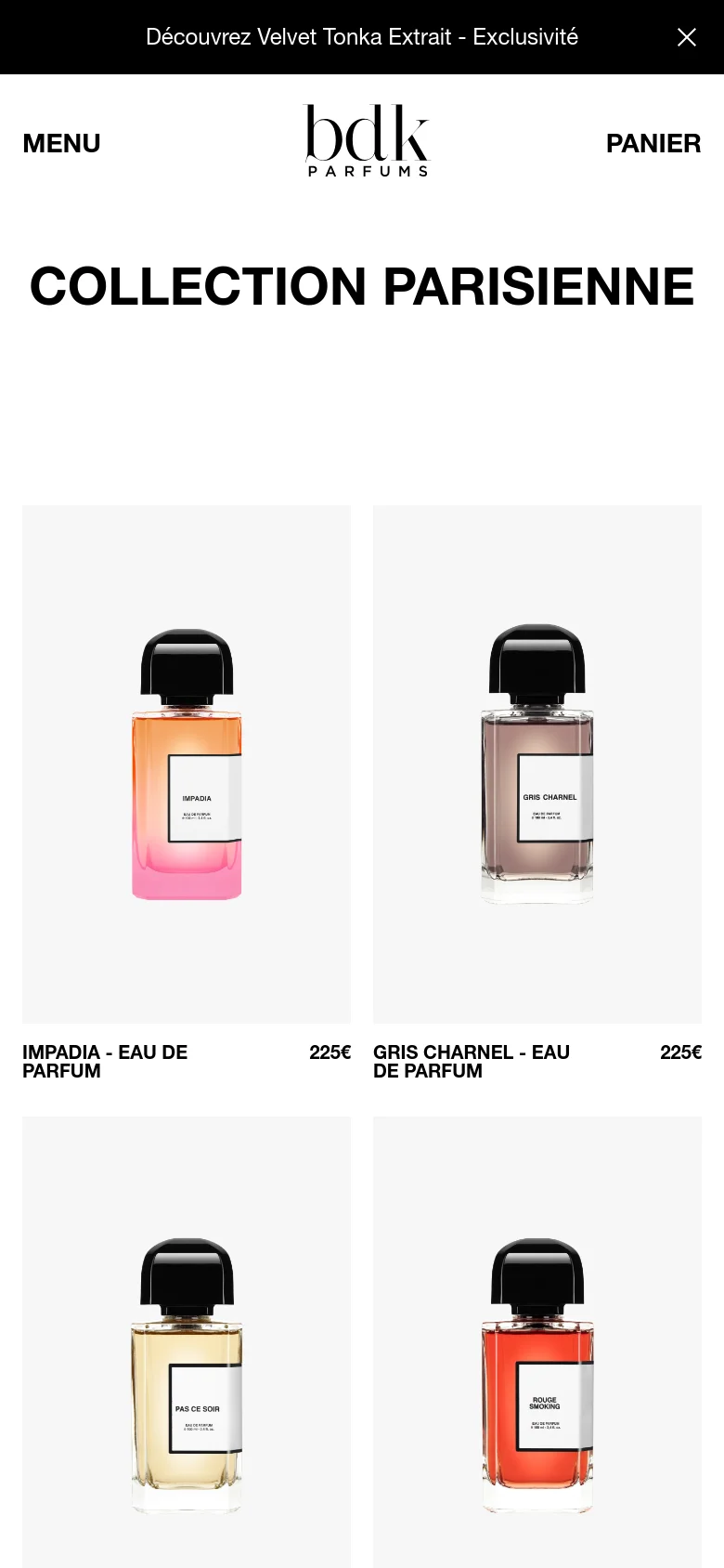 The mobile version maintains the minimalist white aesthetic but uses a single-column vertical layout for the perfume products. The large 'COLLECTION PARISIENNE' heading is prominent, followed by individual product images with text below them. The top navigation is condensed into a 'MENU' button on the left and a 'PANIER' button on the right, flanking the central BDK Parfums logo.