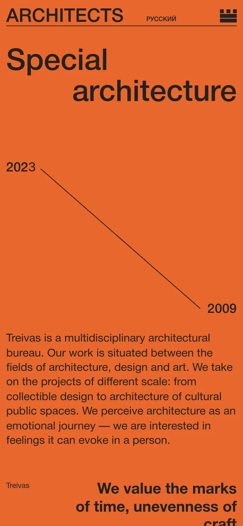 The mobile version maintains the orange background and large 'Special architecture' headline but stacks the content vertically. The diagonal line and year markers are repositioned to fit the narrower screen, and the text blocks are centered or left-aligned for readability.