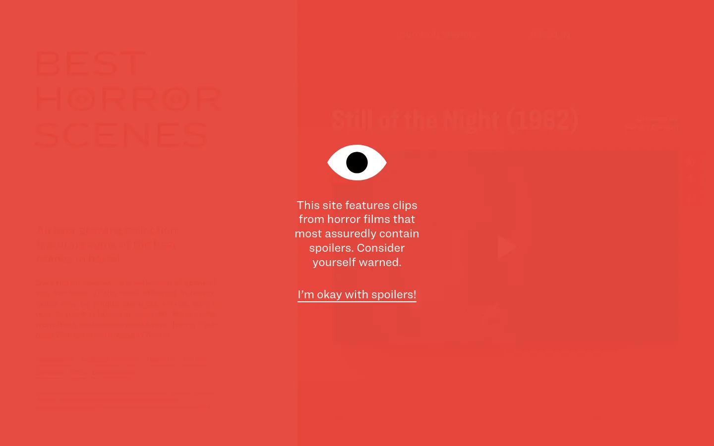 The desktop homepage features a large red background with dark red text. The title 'BEST HORROR SCENES' is prominent on the left, accompanied by a brief mission statement and site links. A central overlay contains an eye icon and a spoiler warning with a clickable 'I'm okay with spoilers!' call to action.