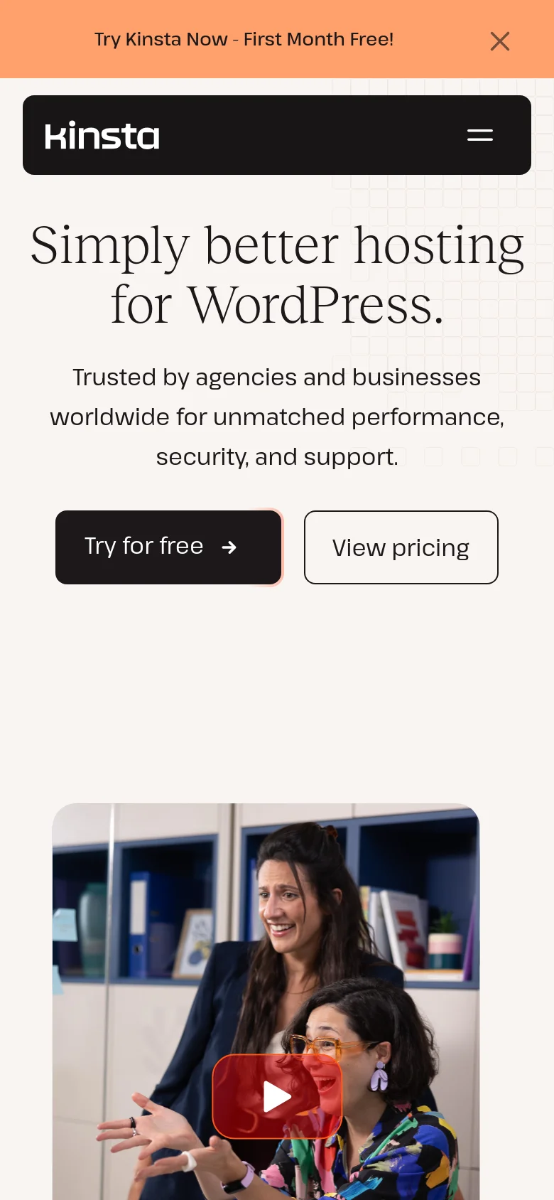 The mobile version uses a stacked vertical layout with the dark Kinsta logo and a hamburger menu at the top. The hero text and buttons are centered, and the video thumbnail is positioned below the primary call-to-action buttons for easier scrolling on a smaller screen.