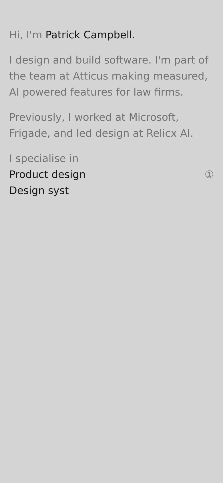 The mobile version maintains the minimalist, light gray aesthetic with left-aligned text. The content is stacked vertically, showing the introduction and specialties list, with a simplified view of the text and numbered list items to fit the narrow screen width.
