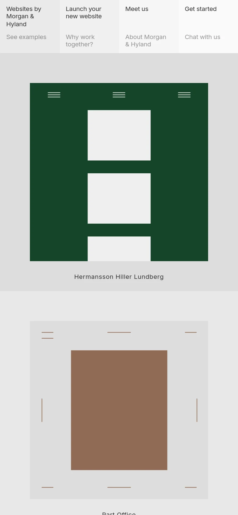 The mobile version presents a single-column vertical stack of the desktop's grid sections. The navigation blocks and portfolio items are resized to fit the narrow width, maintaining the high-contrast dark green and light gray color scheme.