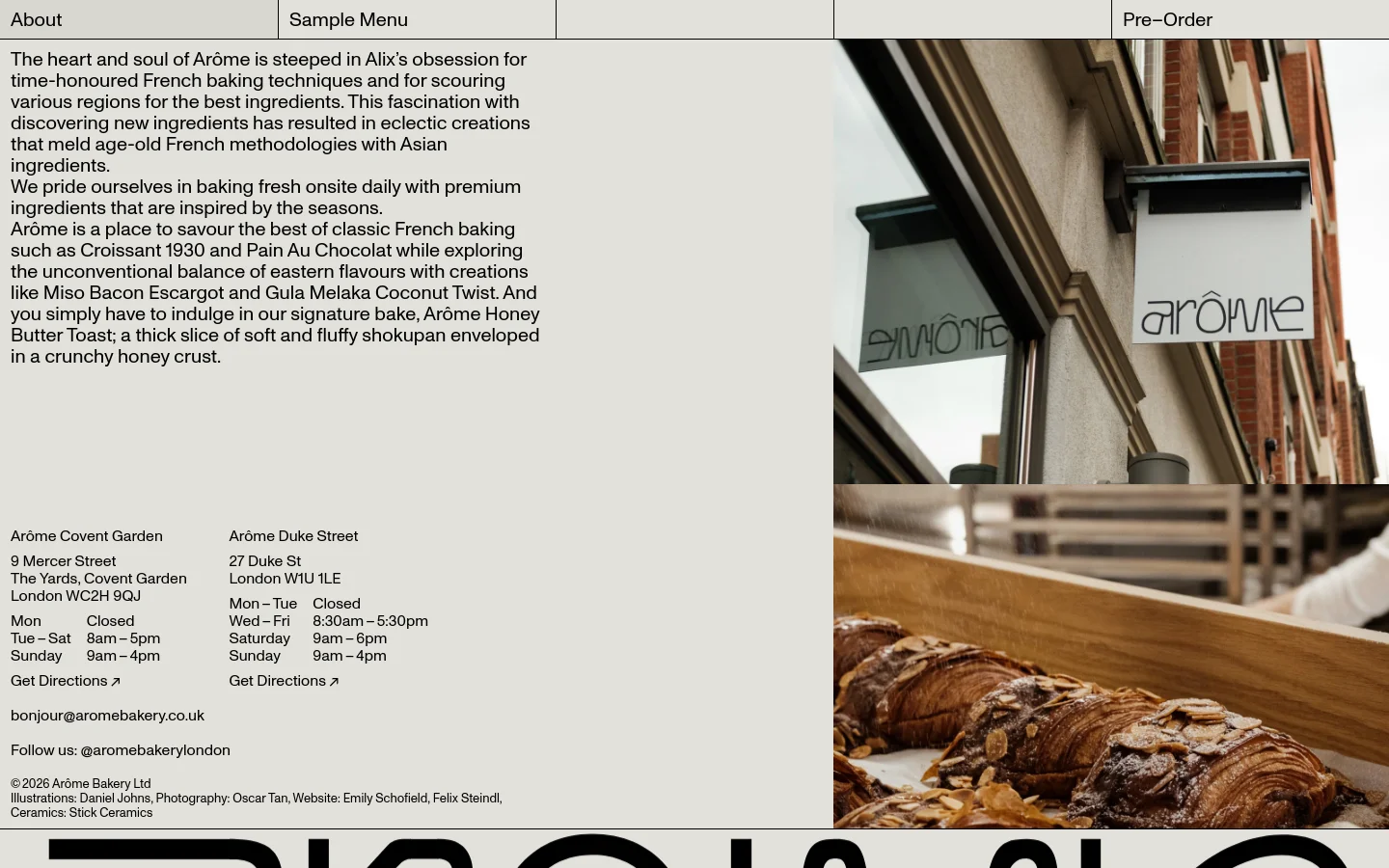 The About page features a split layout with a text section on the left and large lifestyle imagery on the right. The left side contains a narrative about the bakery's philosophy, followed by location details for Covent Garden and Duke Street, including opening hours and directions. The right side displays a close-up of a bakery storefront and a detailed shot of a flaky croissant.