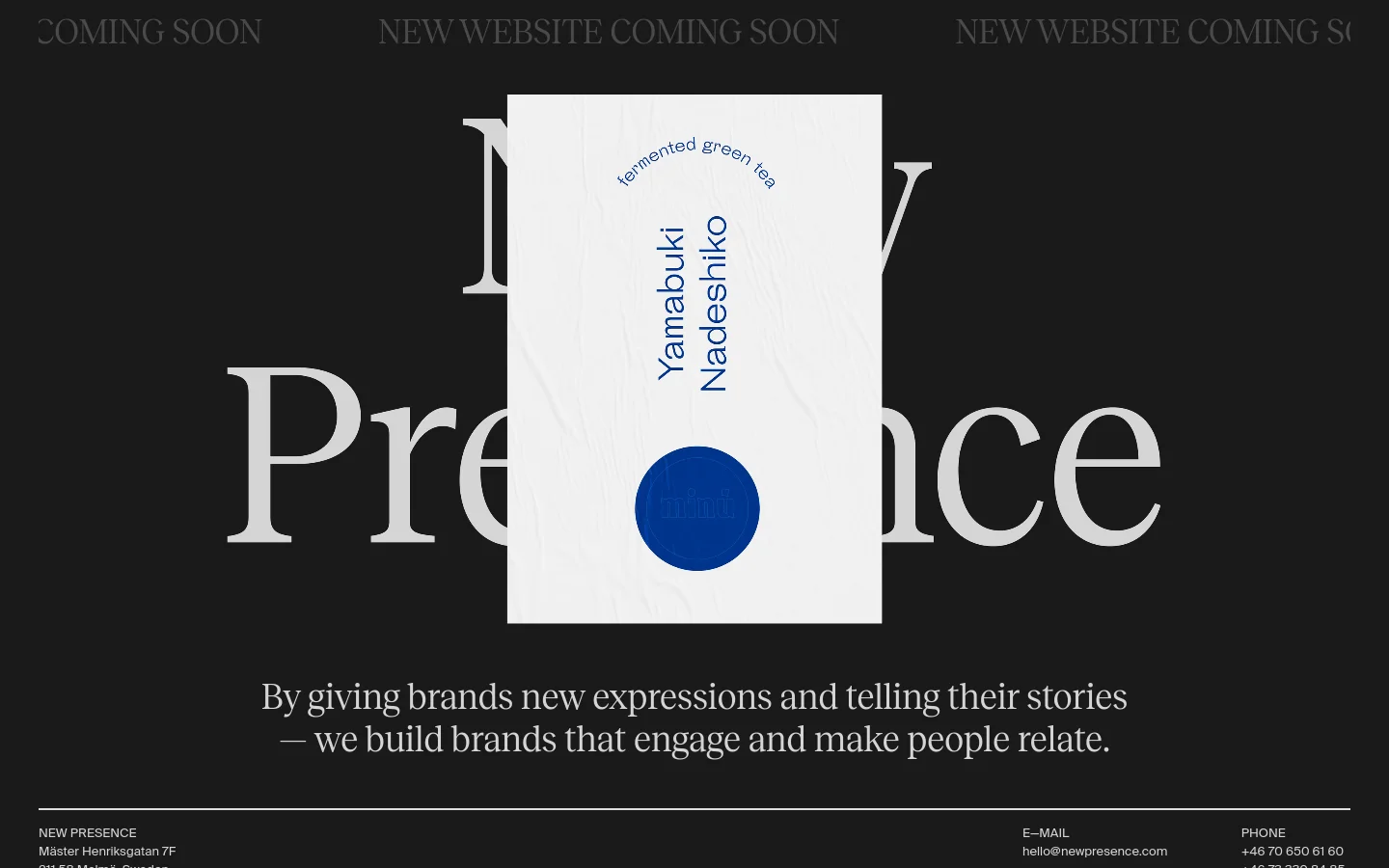 A minimalist 'Under Construction' landing page with a dark background and large, elegant white serif typography. The center features a large 'New Presence' logo overlayed by a white rectangular graphic, with a mission statement below and contact details in the footer.