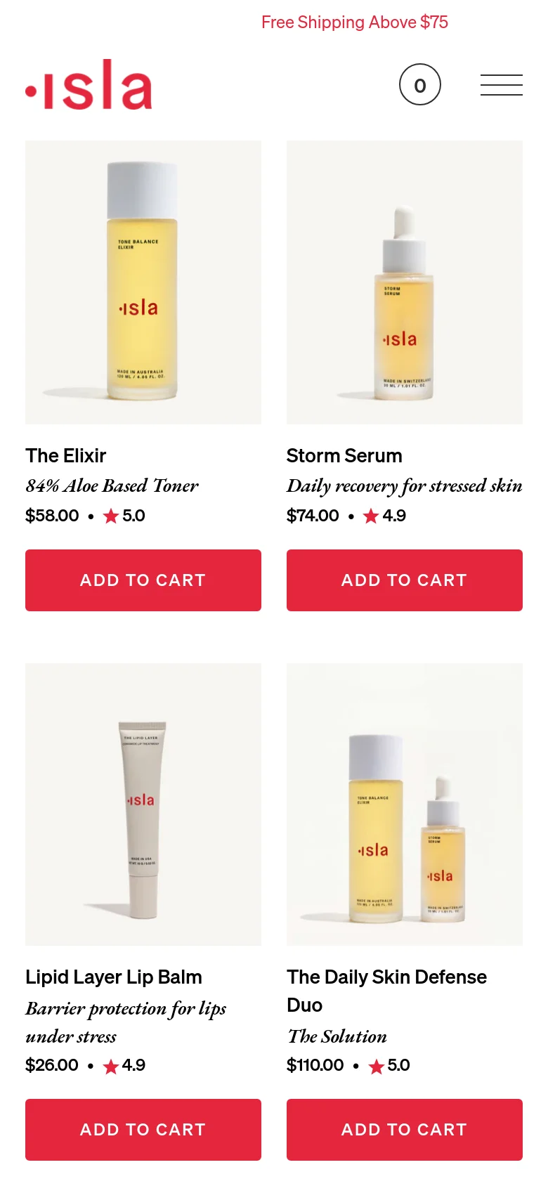 The mobile version simplifies the layout into a single-column vertical scroll. The header is condensed, featuring the red Isla logo, a hamburger menu icon, and a circular cart icon. Product images, titles, descriptions, prices, and large red 'ADD TO CART' buttons are stacked vertically for easier tapping.