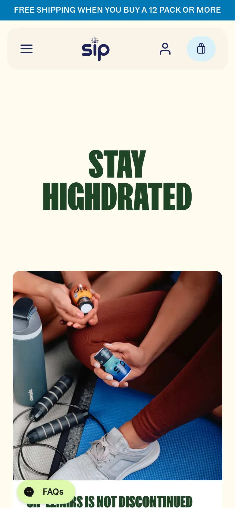 The mobile version simplifies the layout, centering the large 'STAY HIGDRATED' headline above a single-column stack of blog post cards. The top navigation is condensed into a hamburger menu icon on the left, with a user profile icon and a shopping bag icon on the right. A floating 'FAQs' button is visible in the bottom left corner.