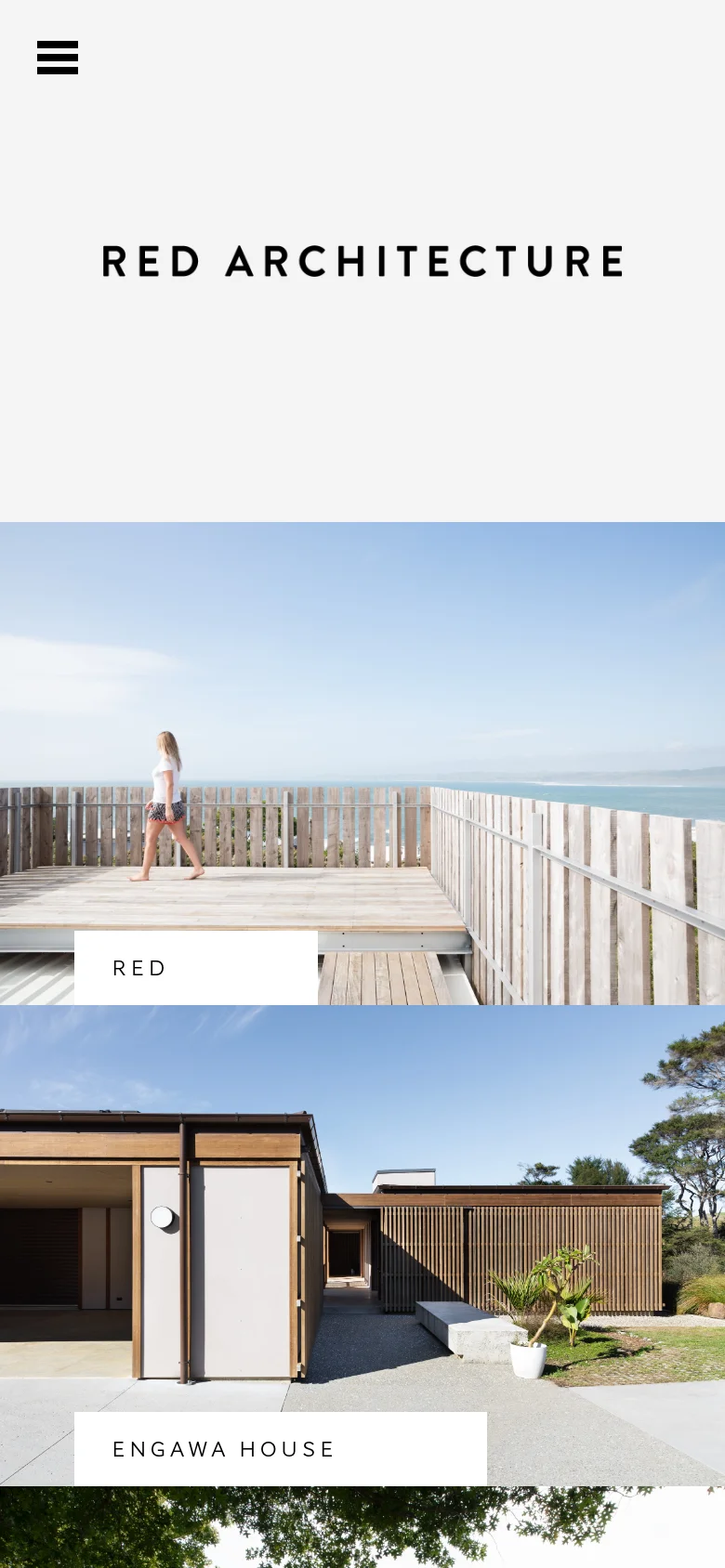 The mobile version presents a vertically stacked layout with the 'RED ARCHITECTURE' title centered at the top. The hero imagery is rearranged into full-width vertical sections, showing the ocean view and building exteriors sequentially with project titles like 'RED' and 'ENGAWA HOUSE' overlaid on white blocks.