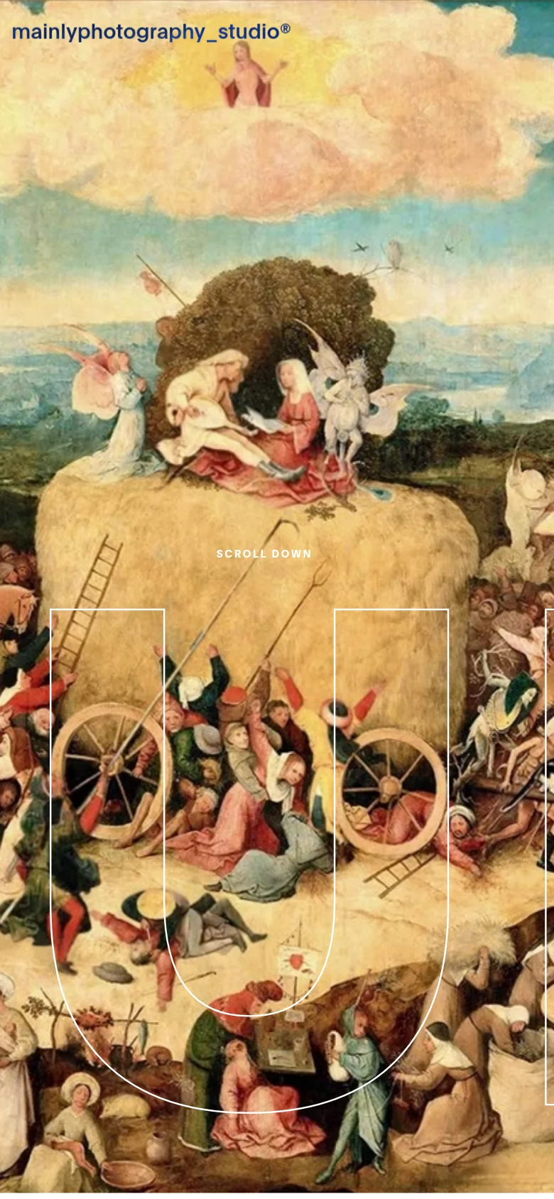 The mobile version maintains the classical Renaissance painting as a full-width background, but the large typography is scaled to fit the vertical orientation. The navigation menu is condensed, and the 'SCROLL DOWN' text remains centered over the artwork to guide the user through the vertical scroll.