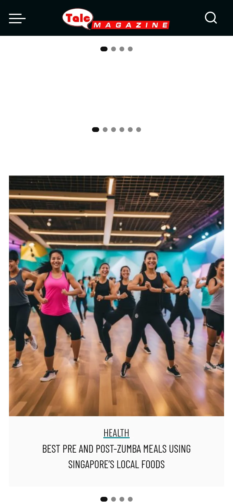 Mobile version of the Talc Magazine homepage with a simplified header containing a hamburger menu, the logo, and a search icon. The content is stacked vertically, starting with a single-column image carousel showing a fitness class, followed by large, full-width article cards.