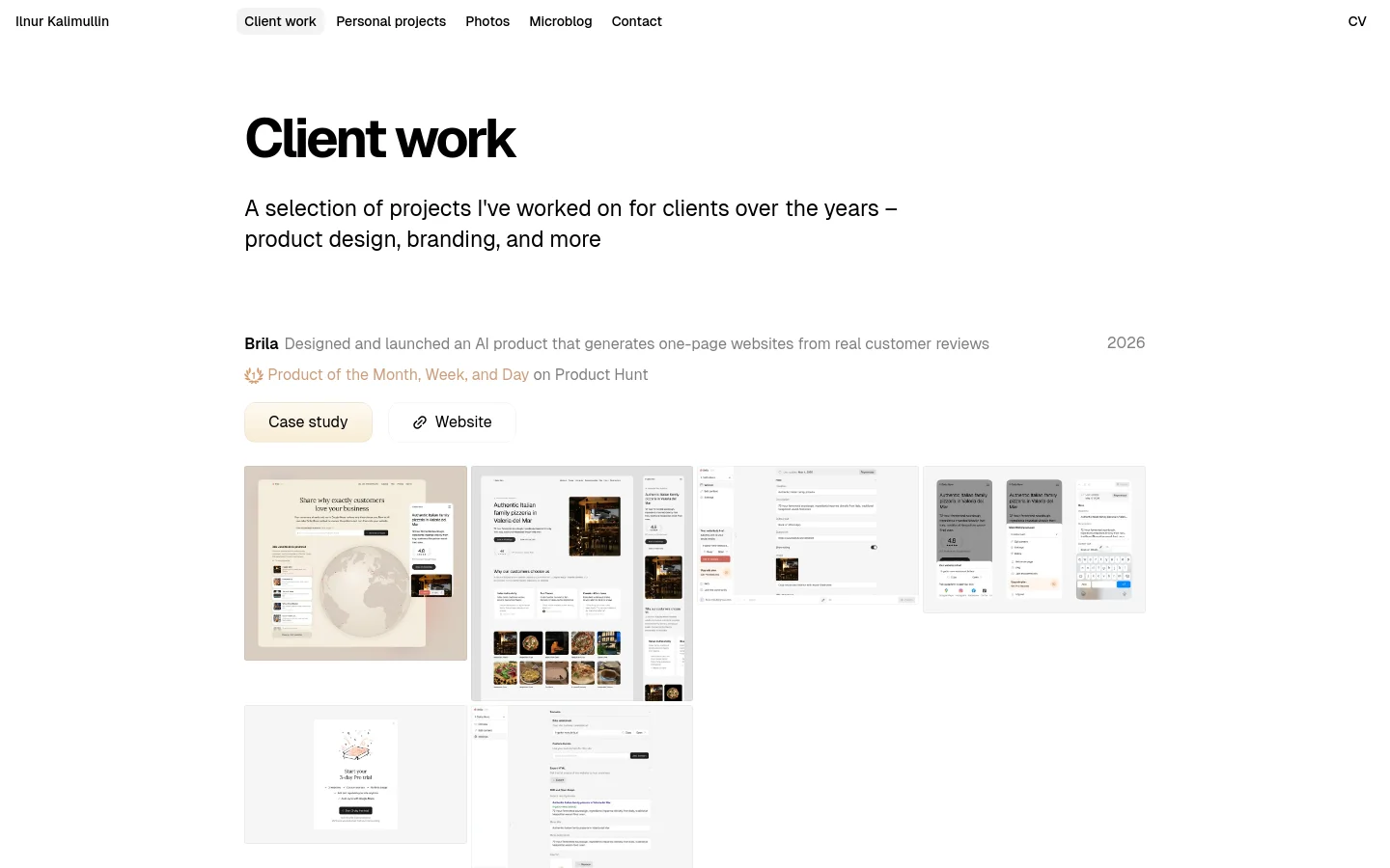 The desktop page features a minimalist white background with black text. A large 'Client work' headline is followed by a project entry for 'Brila' which includes a description, two buttons for 'Case study' and 'Website', and a horizontal gallery of four project screenshots. The navigation menu is at the top with links for Client work, Personal projects, Photos, Microblog, and Contact.