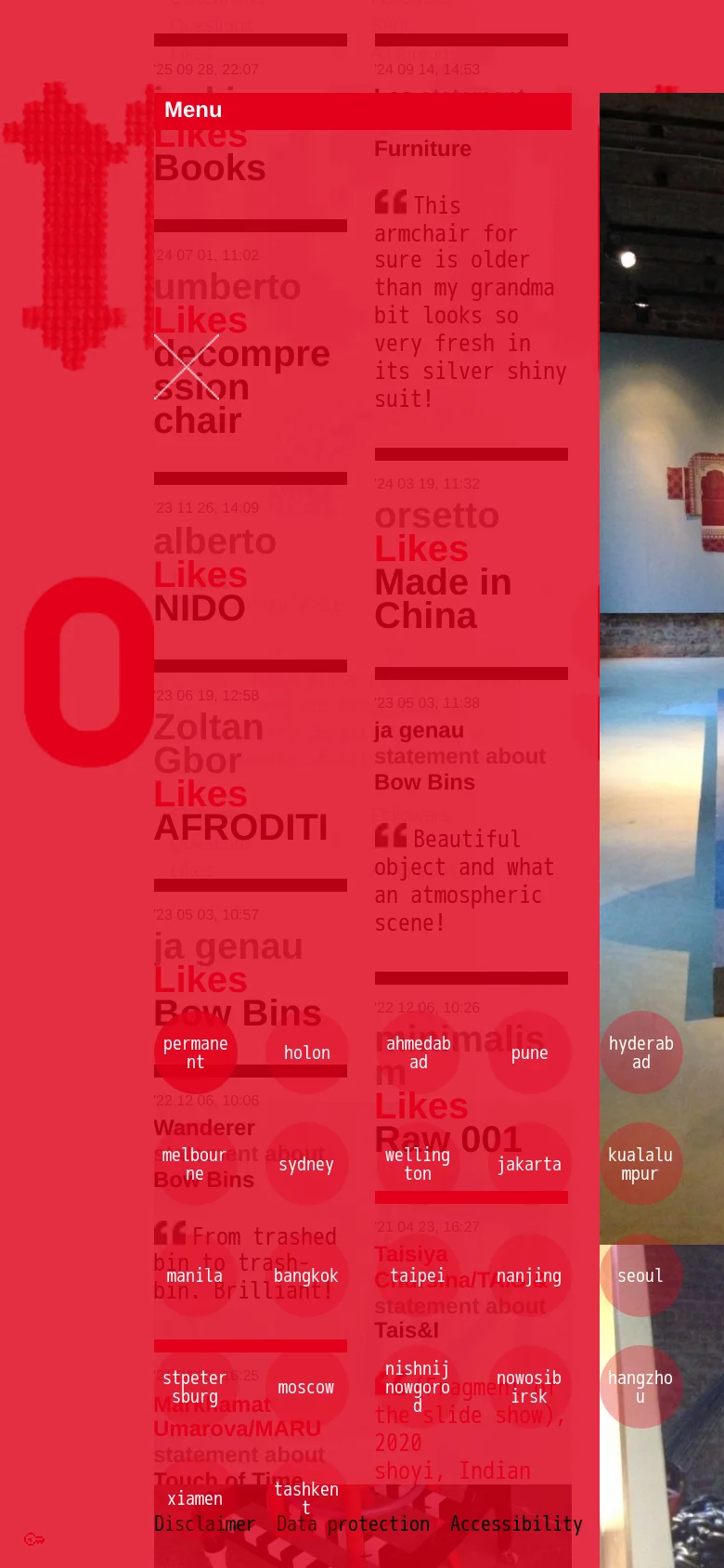 The mobile version presents the same blog content in a single-column vertical scroll, prioritizing large imagery and readable text. The layout is simplified to fit narrow screens, with engagement metrics and designer details stacked directly beneath each image. The dominant red and white color scheme remains consistent with the desktop version.