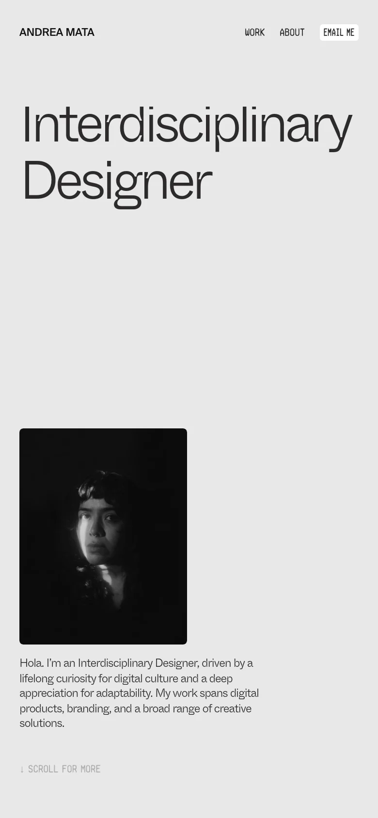 The mobile version maintains the minimalist light gray aesthetic but stacks the content vertically. The large 'Interdisciplinary Designer' headline sits above the black and white portrait, followed by the introductory text and a centered 'scroll for more' indicator.