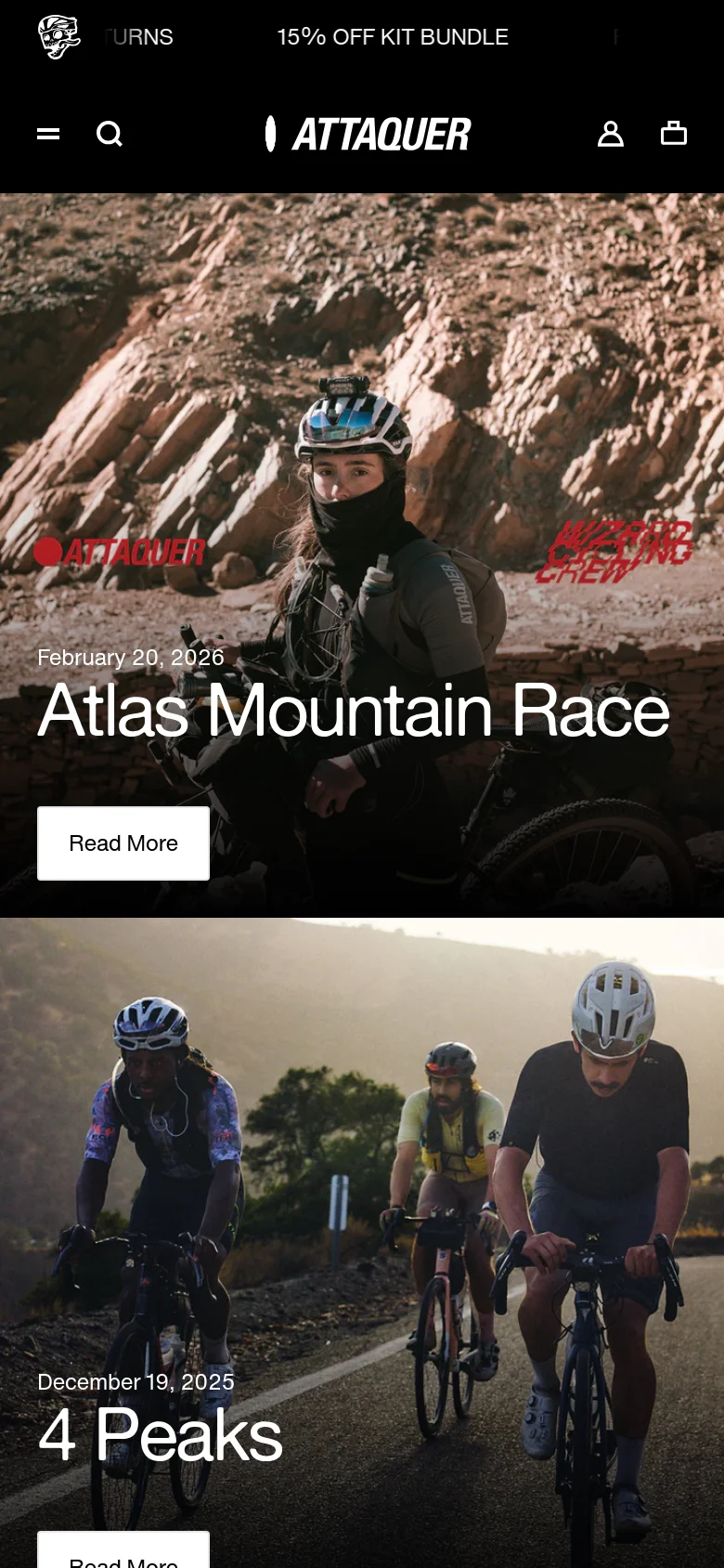The mobile version stacks the stories vertically into a single column for easier scrolling. The large hero images for 'Atlas Mountain Race' and '4 Peaks' occupy the full width of the screen, with the headlines and 'Read More' buttons positioned directly below the imagery.