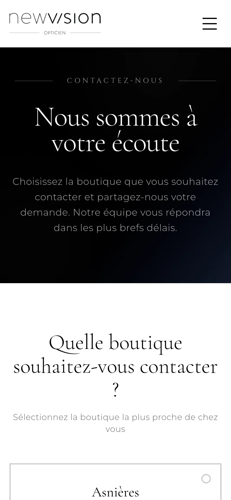 The mobile version presents a vertically stacked layout with the black hero section at the top, featuring centered white text. The store selection section follows on a white background, with the store cards appearing as full-width elements instead of a grid. The navigation is condensed into a hamburger menu icon on the right of the white header.