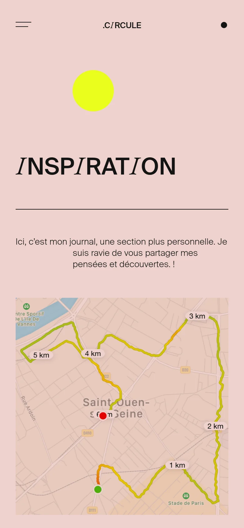 The mobile version presents a vertically stacked layout on a light pink background, centered around the large 'INSPIRATION' heading. The introductory text is centered below the title, followed by a large lime green circle and a single large article image featuring a map. The navigation is simplified to a hamburger menu icon and a single dot in the header.