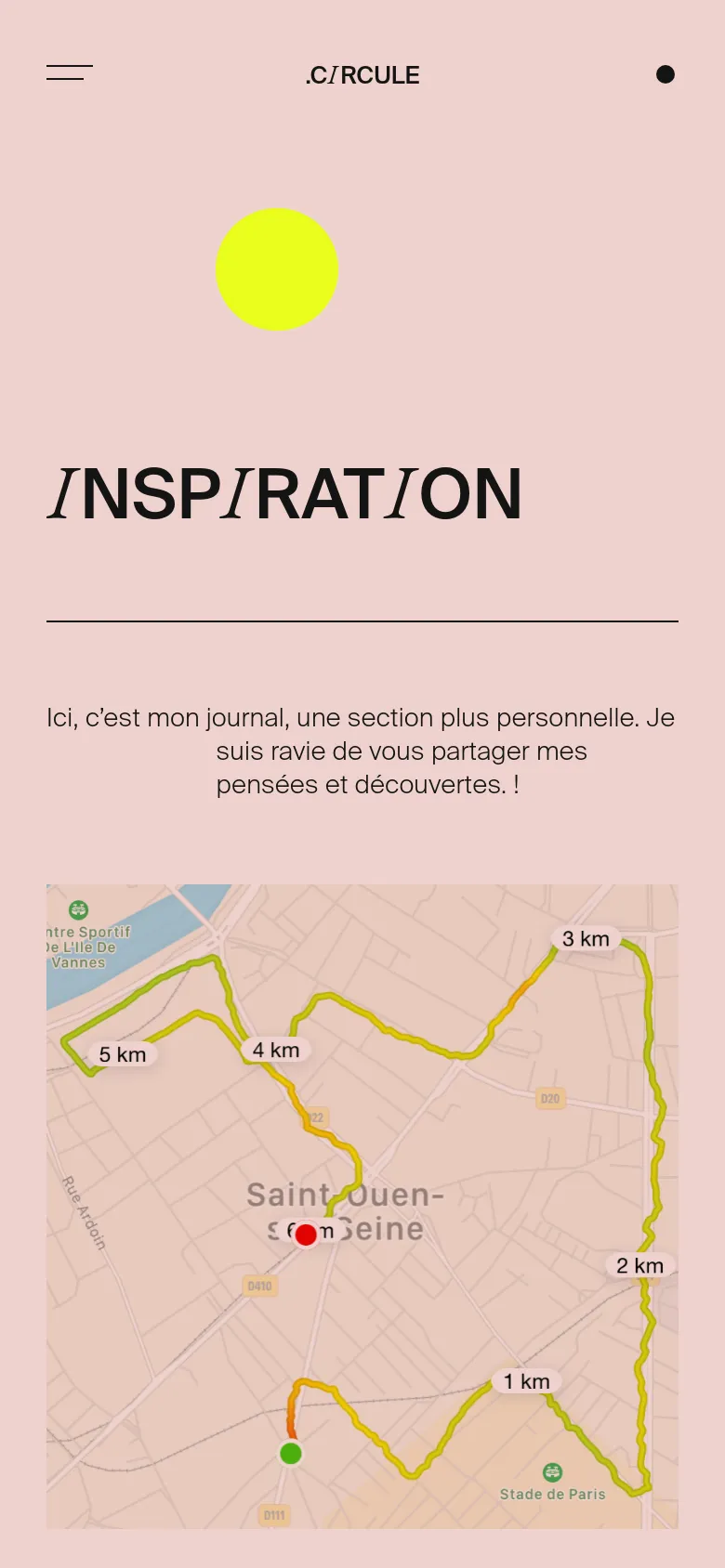 The mobile version presents a vertically stacked layout on a light pink background, centered around the large 'INSPIRATION' heading. The introductory text is centered below the title, followed by a large lime green circle and a single large article image featuring a map. The navigation is simplified to a hamburger menu icon and a single dot in the header.