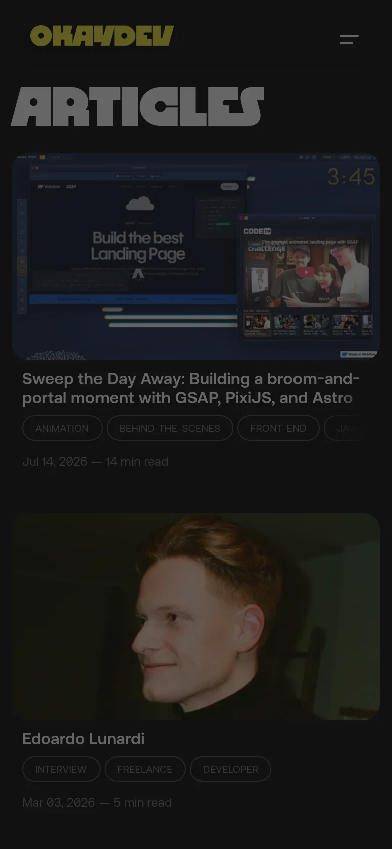The mobile version presents a single-column vertical layout for easier scrolling. The 'ARTICLES' heading remains prominent, followed by large, full-width article cards that stack vertically. The top navigation is condensed into a hamburger menu icon to save space.