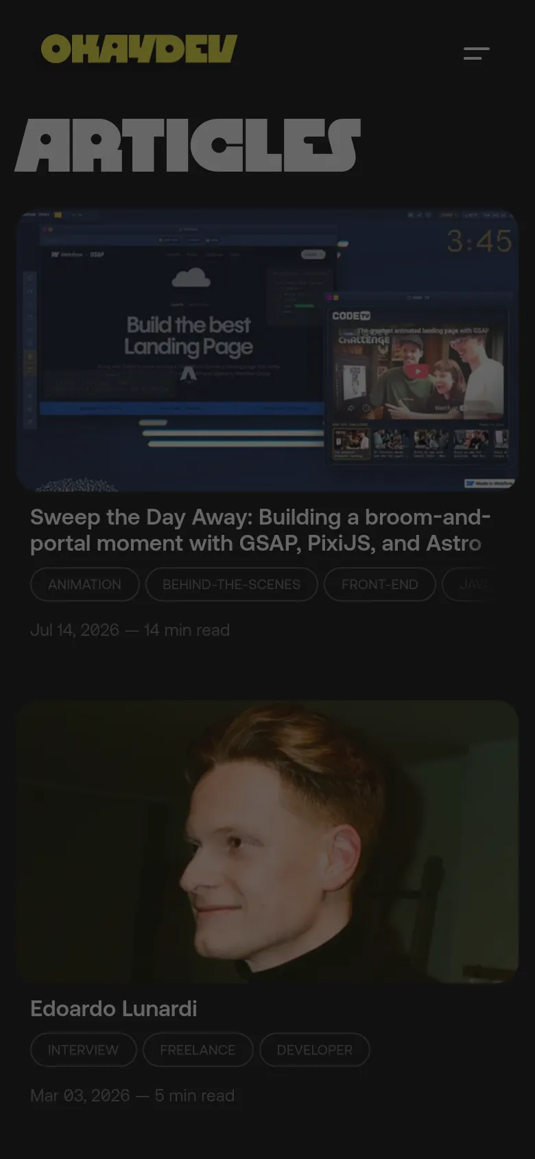 The mobile version presents a single-column vertical layout for easier scrolling. The 'ARTICLES' heading remains prominent, followed by large, full-width article cards that stack vertically. The top navigation is condensed into a hamburger menu icon to save space.