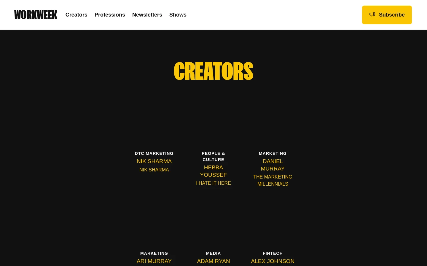 The desktop page features a dark theme with a large, bold yellow 'CREATORS' headline. Below the headline, creators are displayed in a multi-column grid layout, each showing their niche, name, and brand in yellow and white text. A navigation bar at the top includes the Workweek logo, links for Creators, Professions, Newsletters, and Shows, and a yellow 'Subscribe' button.