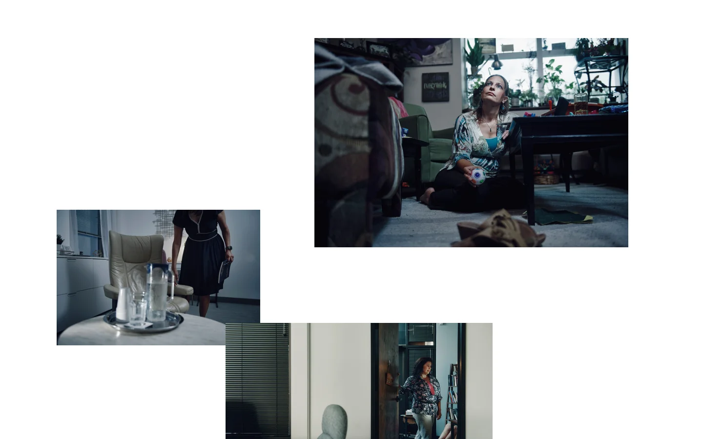 The desktop homepage features a minimalist white layout with a navigation menu at the top left containing links for Home, Projects, Case Studies, and Information. The main content is a masonry-style grid of various cinematic, moody photographs depicting people in indoor settings. The color palette of the images is dominated by cool blues and muted tones.